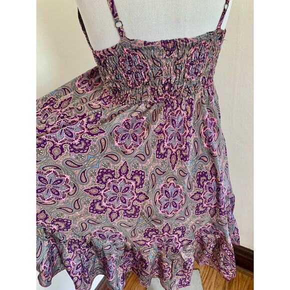Indian VTG Silk Blend Paisley Floral Boho Sun Dress Flowing Fairy Bow Ruffle - Picture 9 of 14